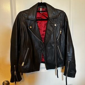 Topshop Leather Jacket with Silver Zippers and Red Silk Lining